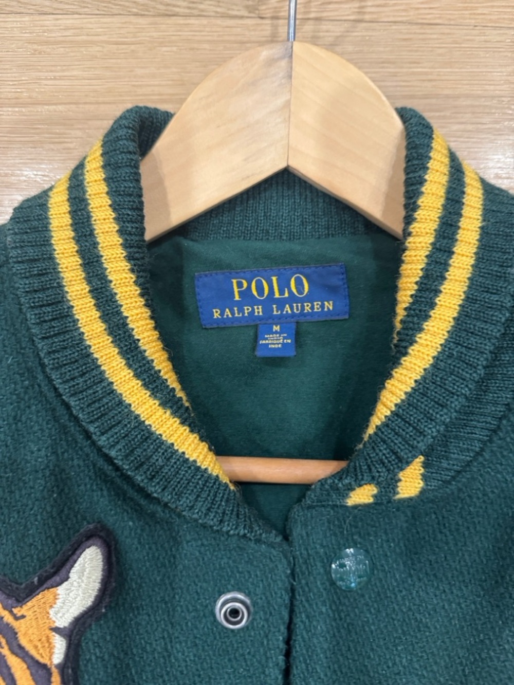 Polo by Ralph Lauren Dark Green & Tan Leather-Sleeve Varsity Jacket - Picture 5 of 5